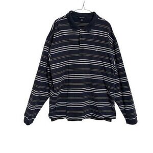 Nautica Polo Shirt Mens XXL Navy Blue Excellent Long Sleeve‎ Striped Cotton